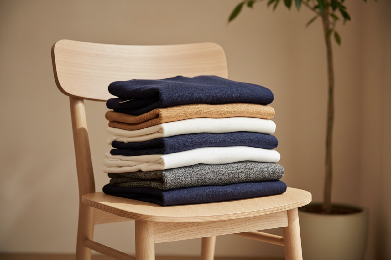 Folded clothing on wooden chair